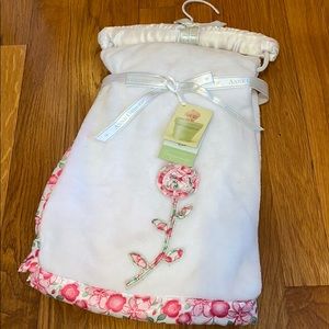 Baby Blanket - White/Rose Print Trim - Anne Geddes